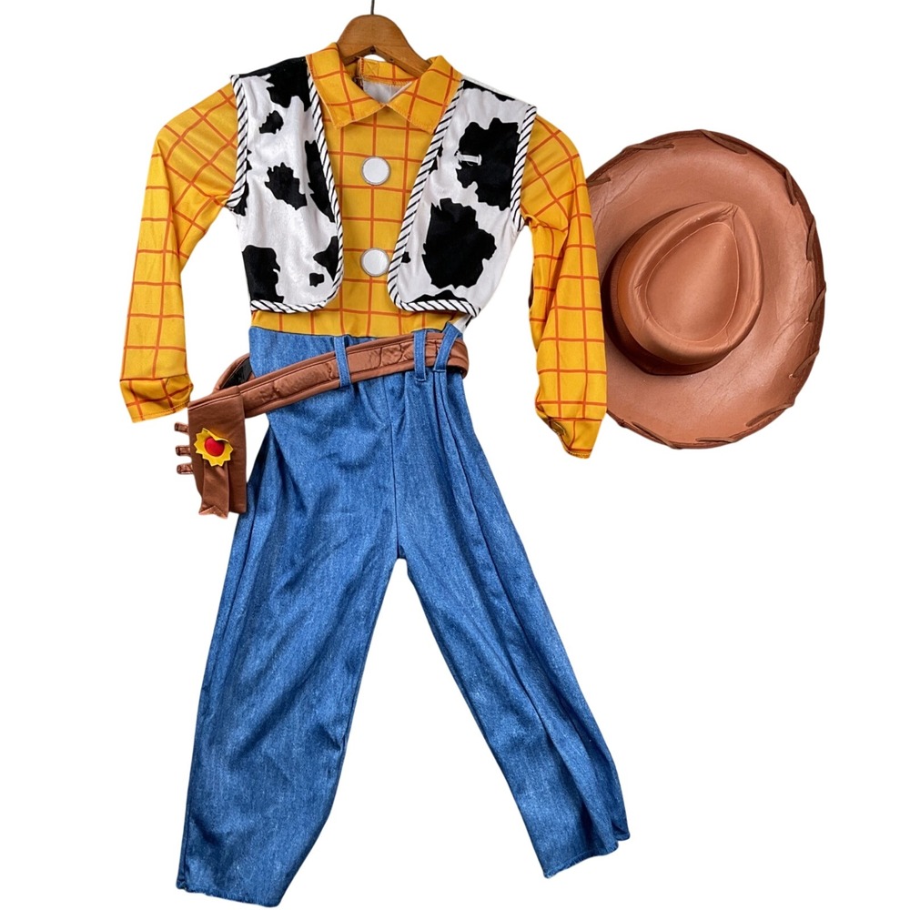Disney Toy Story Woody Costume Toddler 3-4T Yellow Blue Cowboy Outfit Hat Set